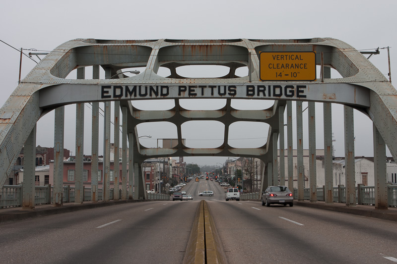 The Edmund Pettus Bridge looking westward through the main arch, toward downtown Selma.